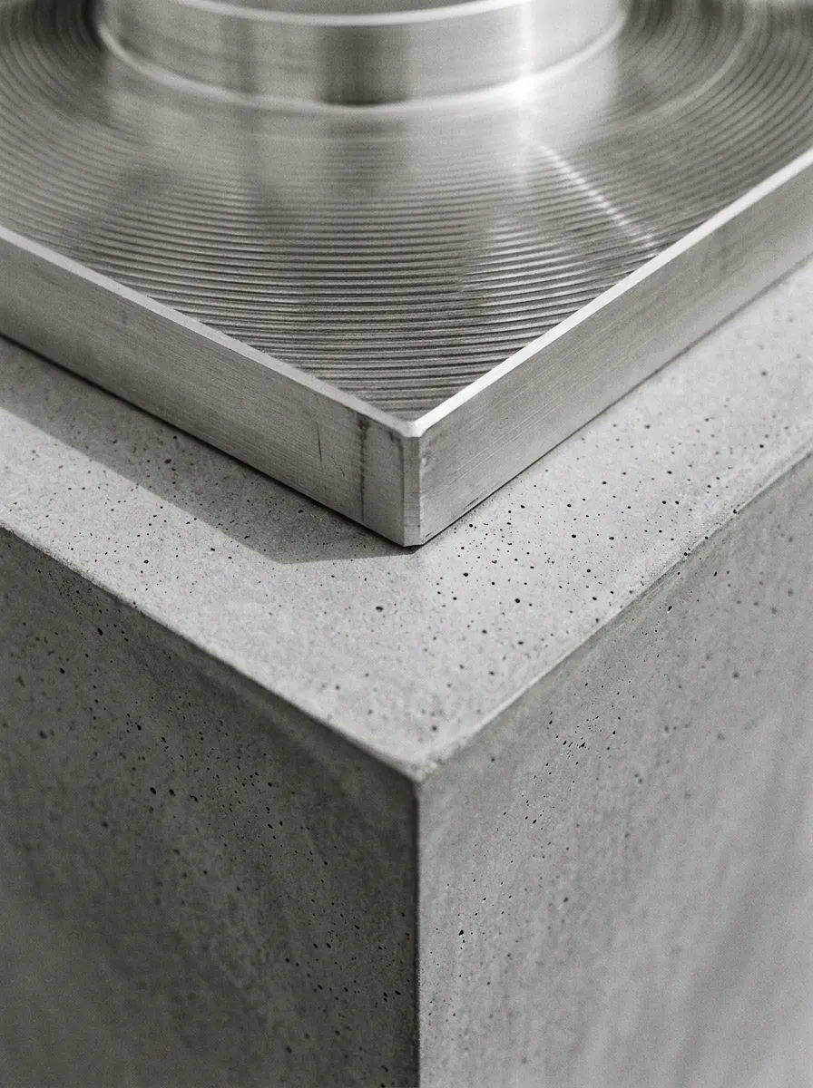 A machined aluminium plate resting on the corner of a cast concrete block
